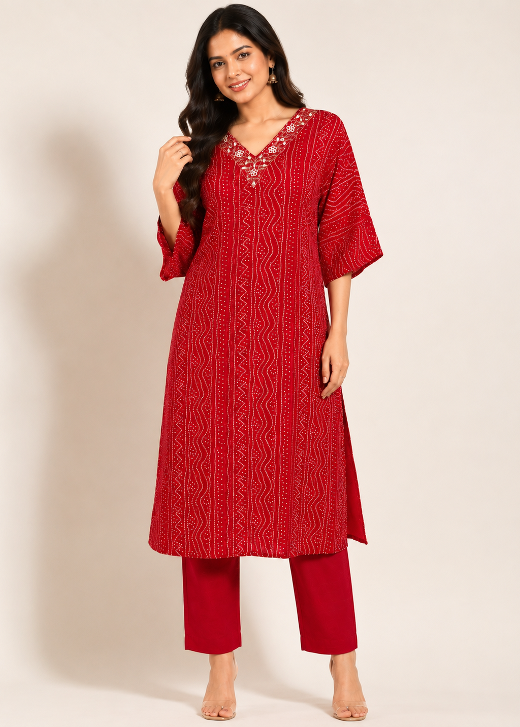 Red Bandhani Print Kurta Pant Set for Women