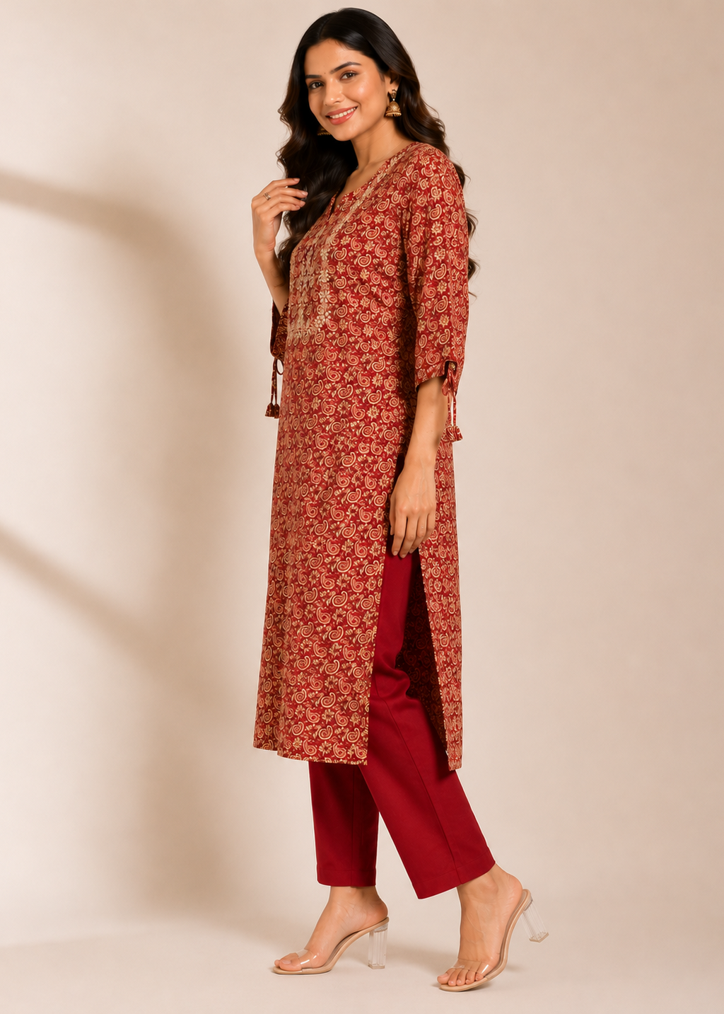 Maroon Paisley Embroidered Print Kurta Pant Set