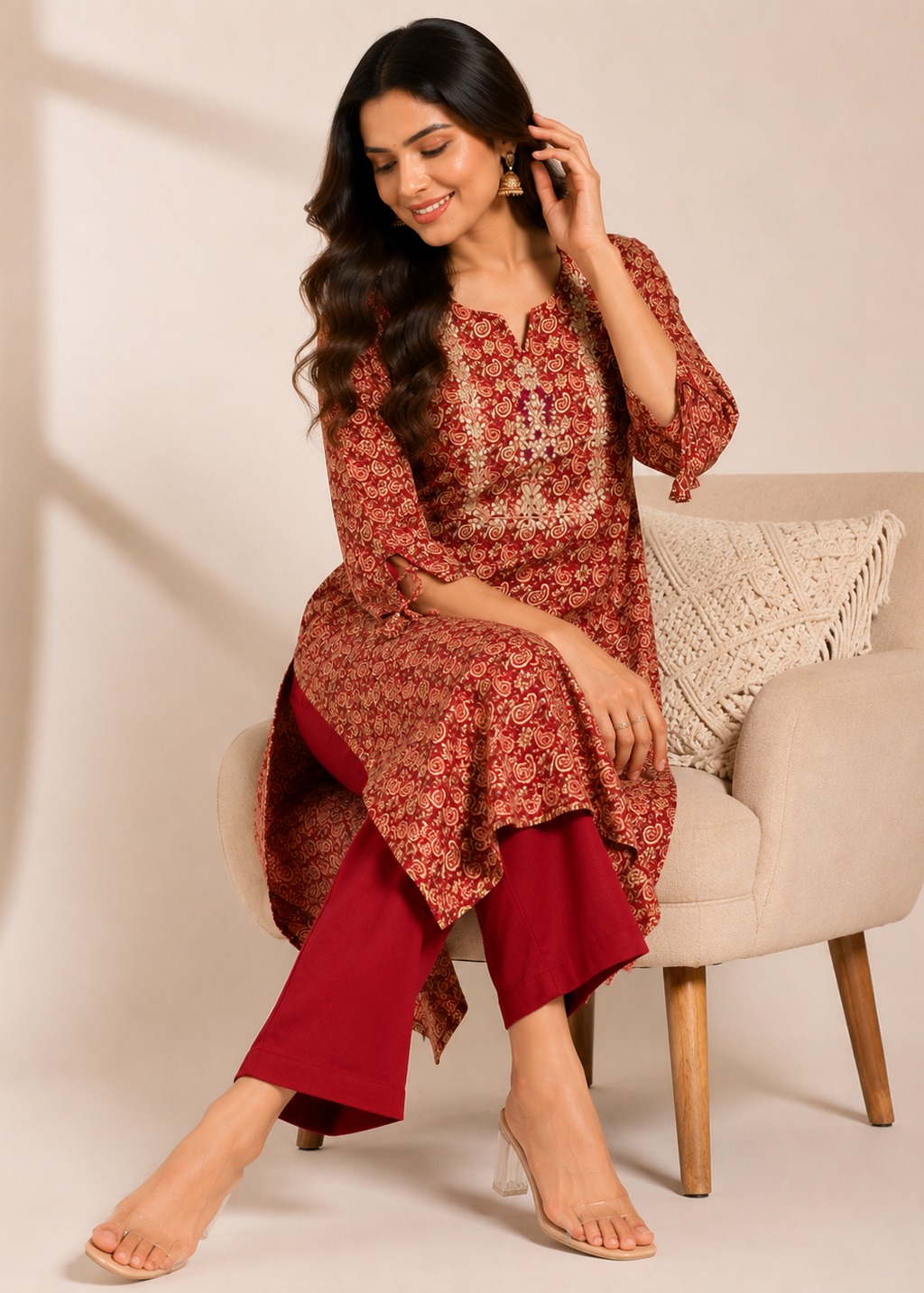 Maroon Paisley Embroidered Print Kurta Pant Set