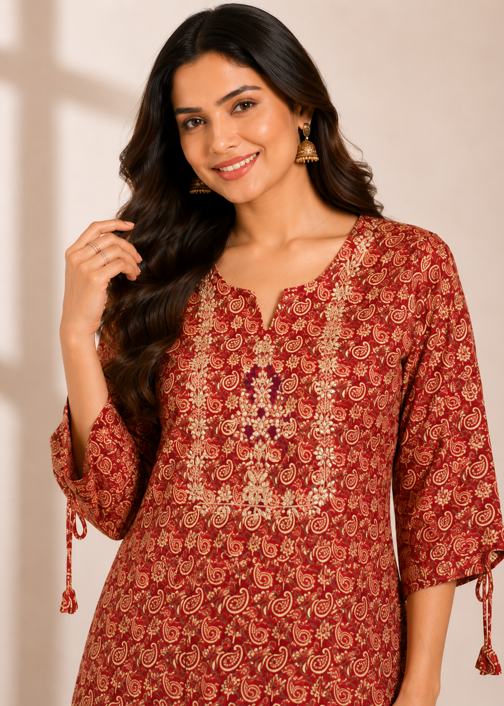 Maroon Paisley Embroidered Print Kurta Pant Set
