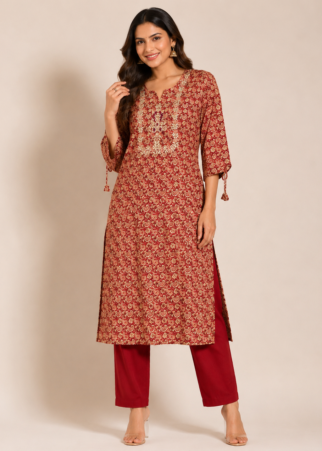Maroon Paisley Embroidered Print Kurta Pant Set