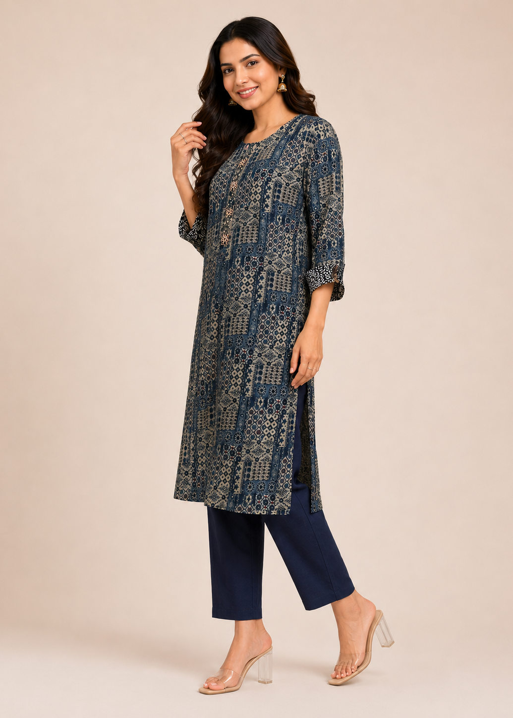 Navy Blue Geometric Kurta Pant Set