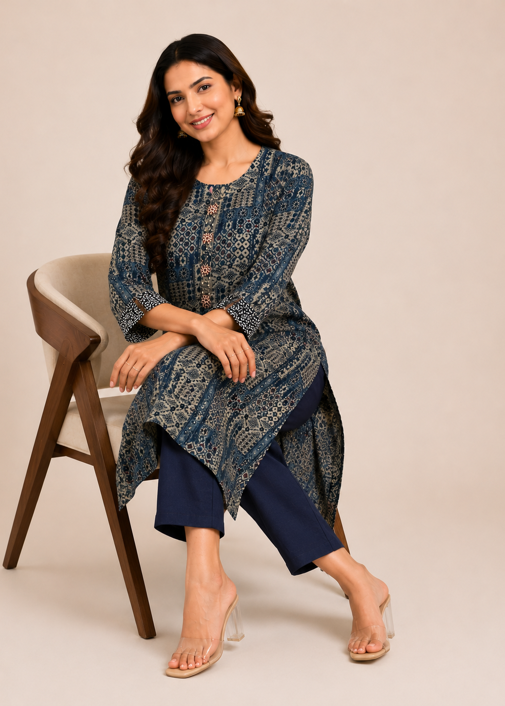 Navy Blue Geometric Kurta Pant Set