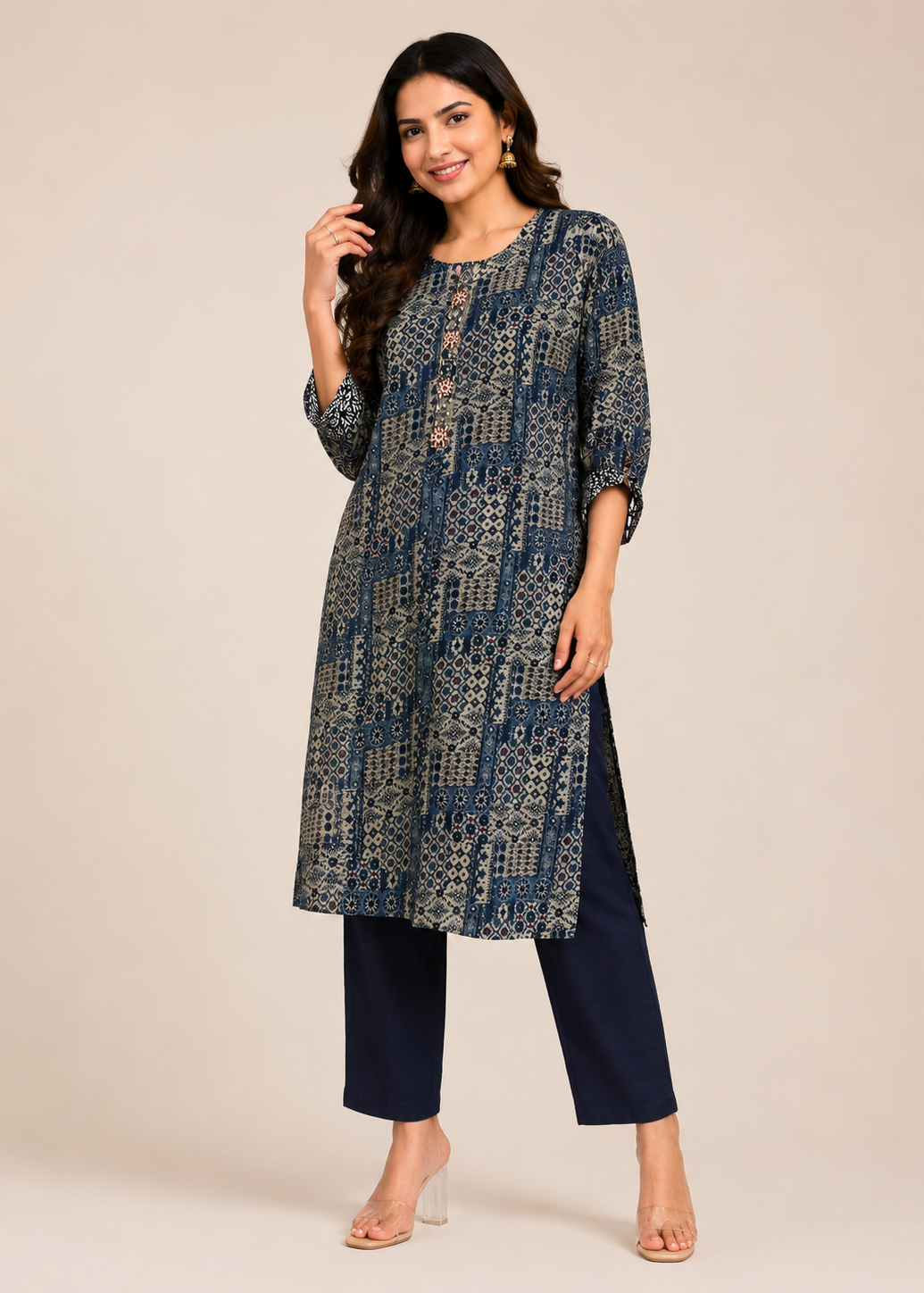 Navy Blue Geometric Kurta Pant Set
