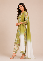 Olive Green Floral Printed Kurta Set with Ombre Dupatta