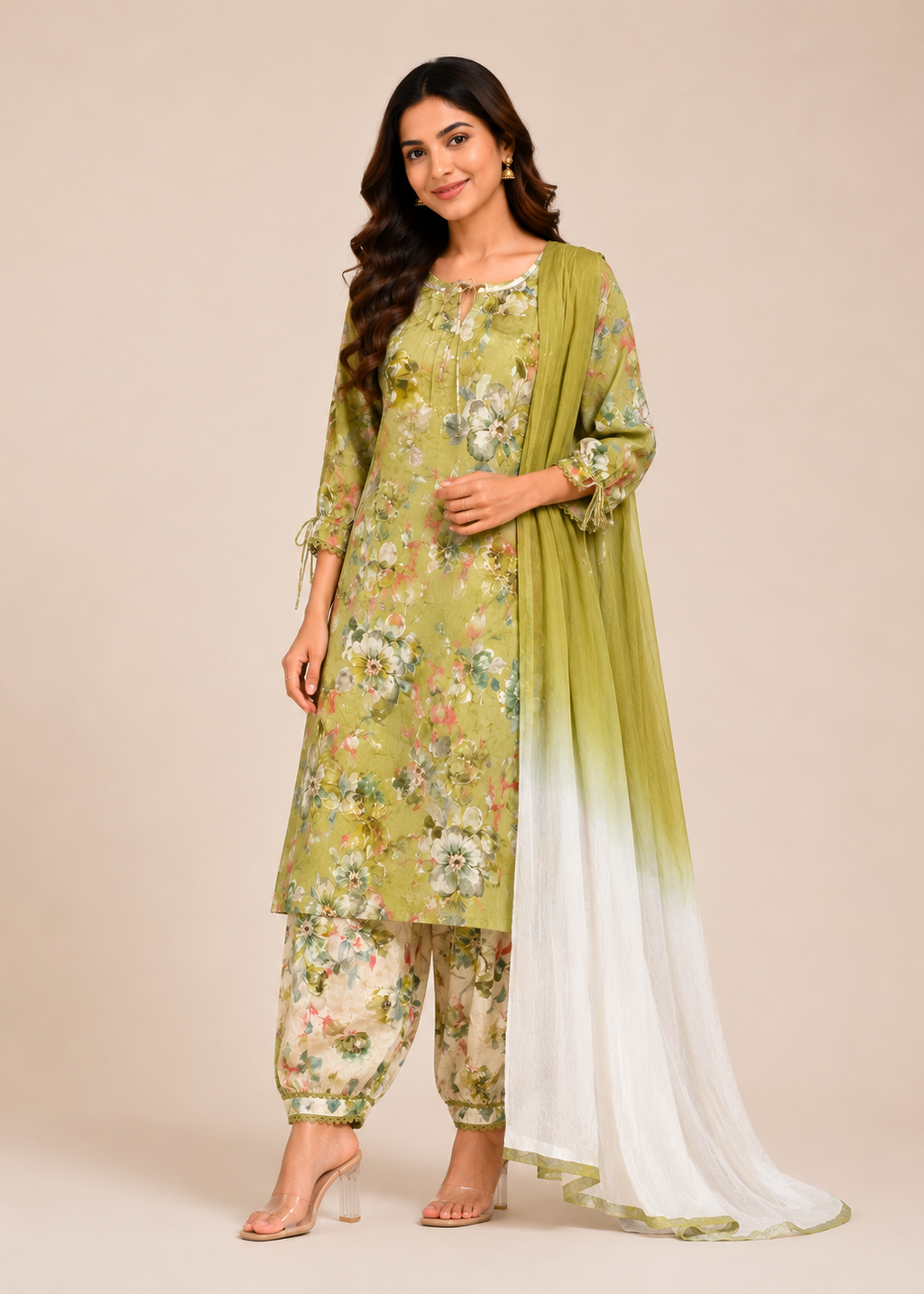 Olive Green Floral Printed Kurta Set with Ombre Dupatta