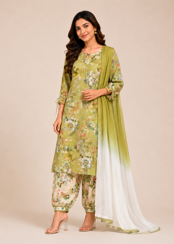 Olive Green Floral Printed Kurta Set with Ombre Dupatta