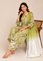 Olive Green Floral Printed Kurta Set with Ombre Dupatta