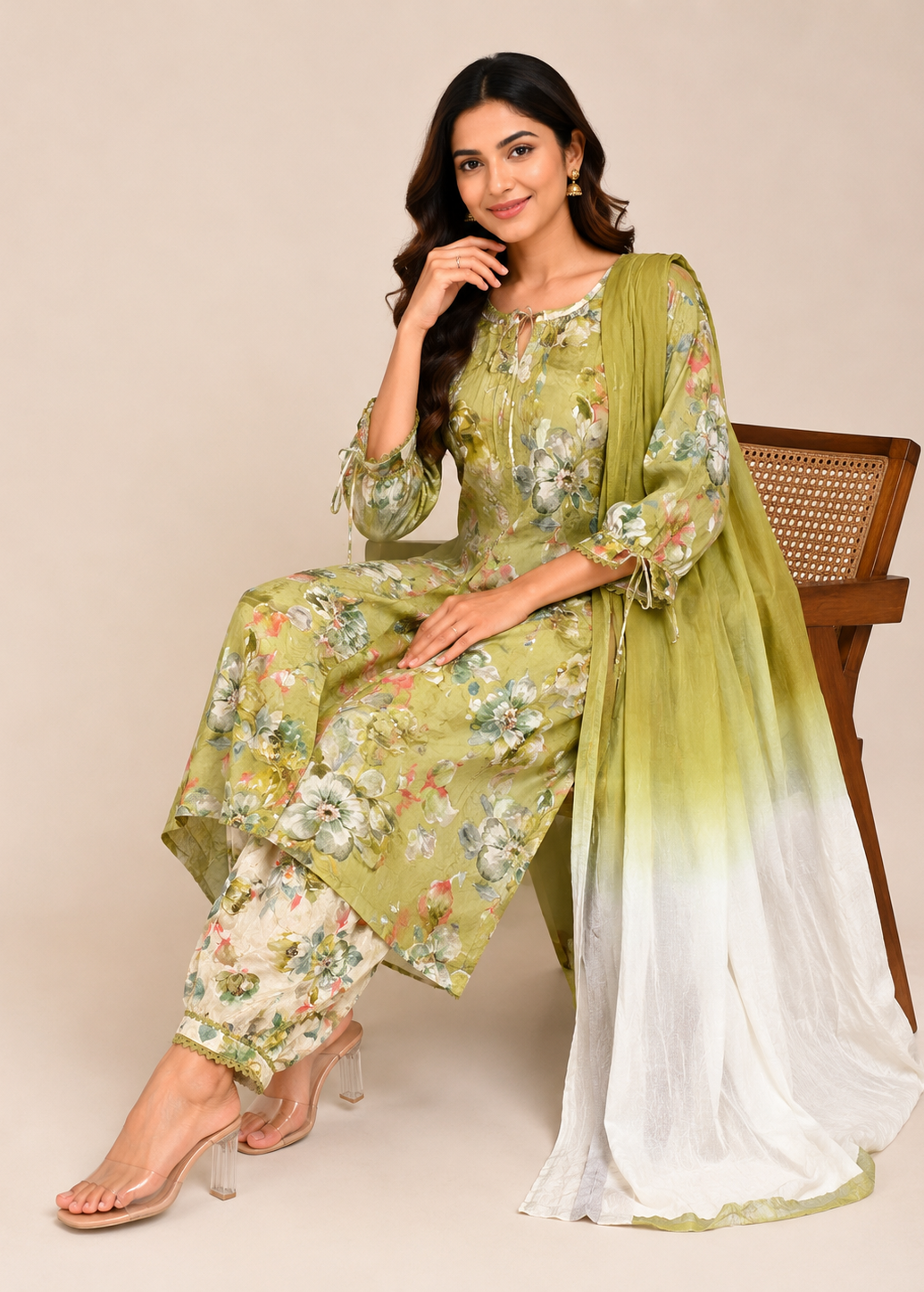 Olive Green Floral Printed Kurta Set with Ombre Dupatta