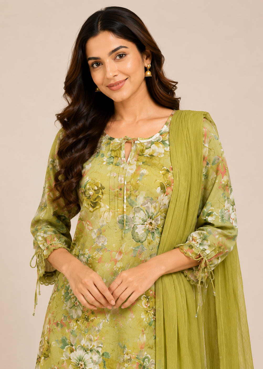 Olive Green Floral Printed Kurta Set with Ombre Dupatta