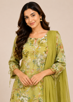 Olive Green Floral Printed Kurta Set with Ombre Dupatta