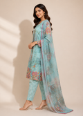 Sky Blue Floral Printed Kurta Pant Set with Chiffon Dupatta