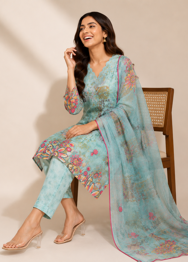Sky Blue Floral Printed Kurta Pant Set with Chiffon Dupatta