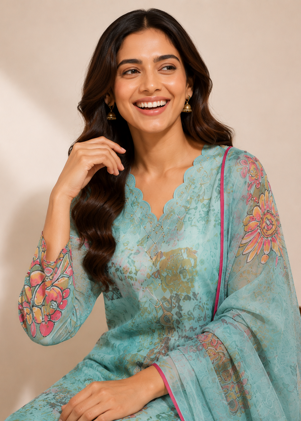 Sky Blue Floral Printed Kurta Pant Set with Chiffon Dupatta
