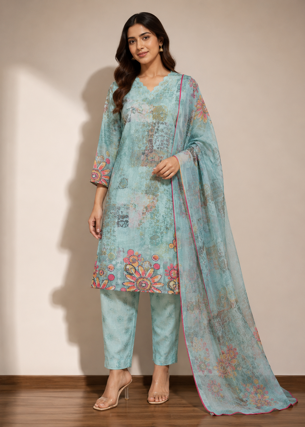 Sky Blue Floral Printed Kurta Pant Set with Chiffon Dupatta