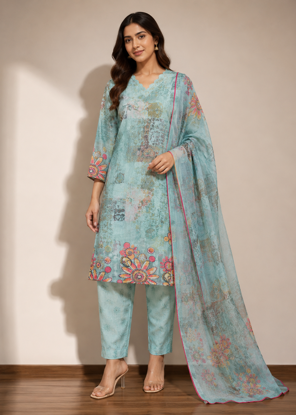 Sky Blue Floral Printed Kurta Pant Set with Chiffon Dupatta