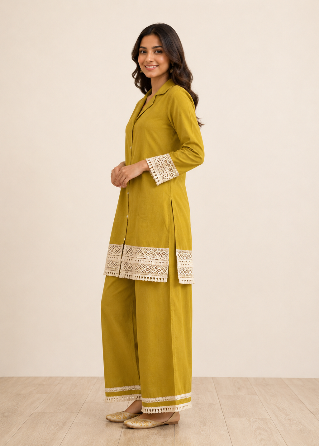 Mustard Yellow Crochet Lace Co-Ord Set for Women
