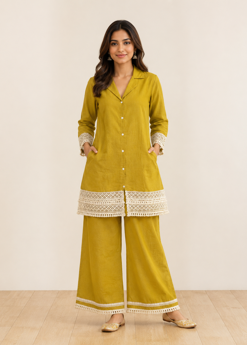 Mustard Yellow Crochet Lace Co-Ord Set for Women
