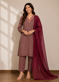 Wine Printed Kurta Pant Set with Chiffon Dupatta