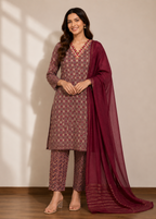 Wine Printed Kurta Pant Set with Chiffon Dupatta