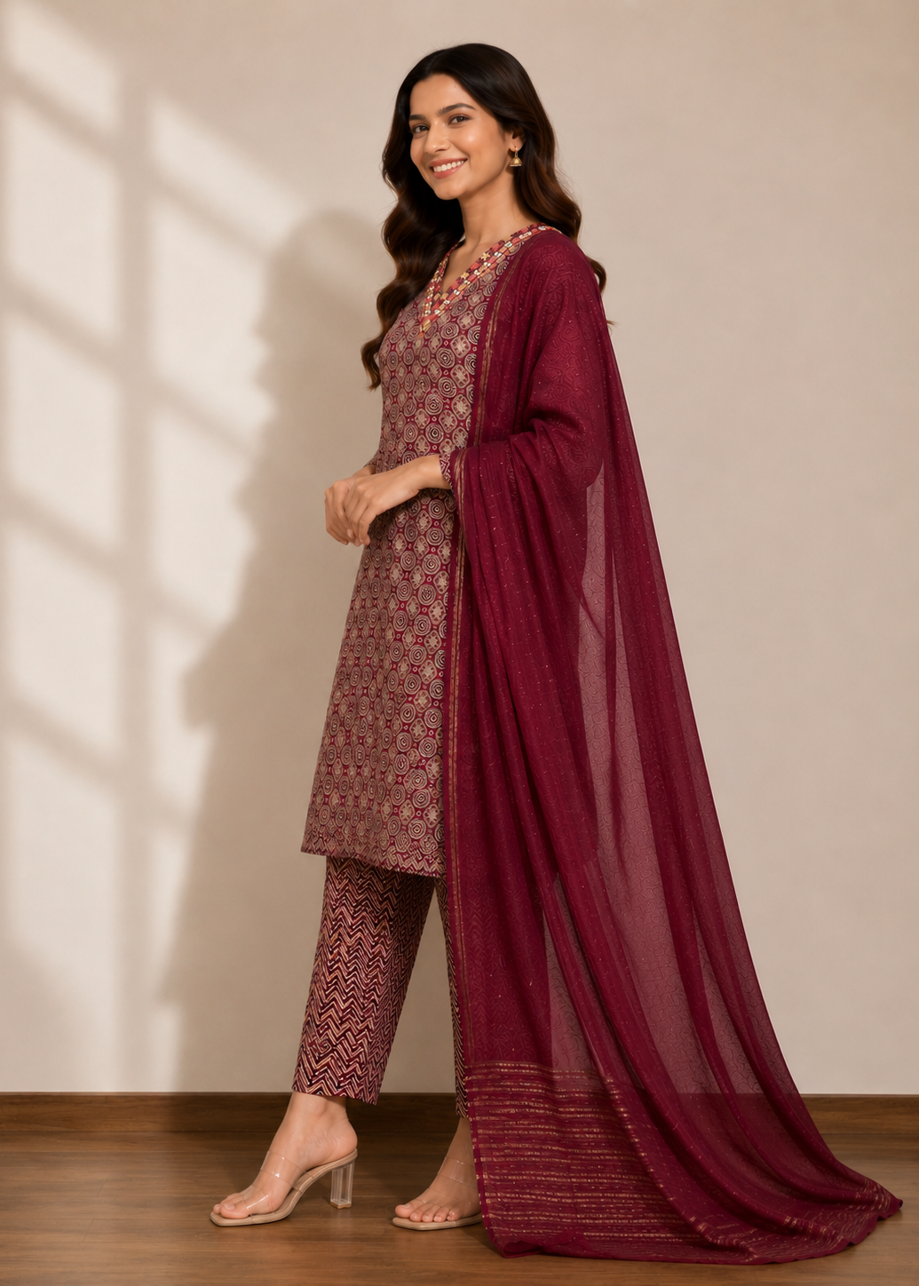 Wine Printed Kurta Pant Set with Chiffon Dupatta