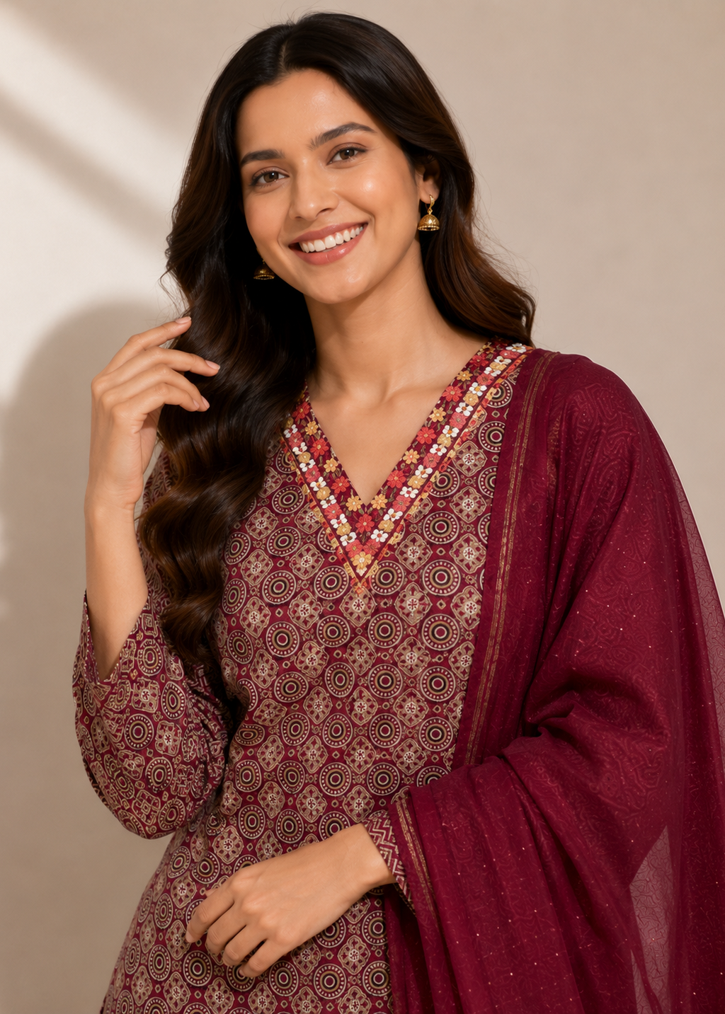 Wine Printed Kurta Pant Set with Chiffon Dupatta