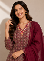 Wine Printed Kurta Pant Set with Chiffon Dupatta