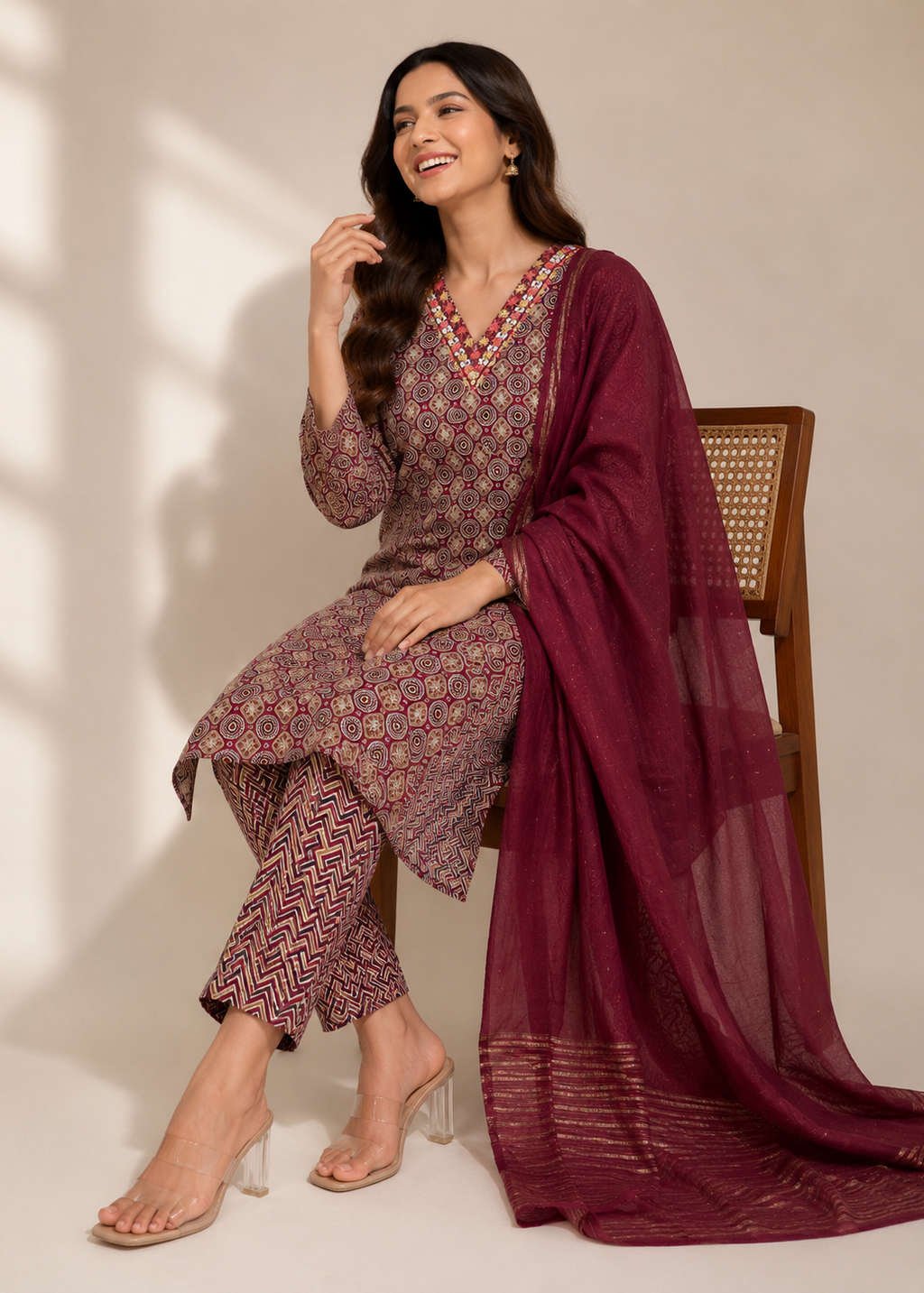 Wine Printed Kurta Pant Set with Chiffon Dupatta