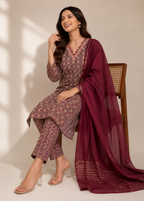 Wine Printed Kurta Pant Set with Chiffon Dupatta