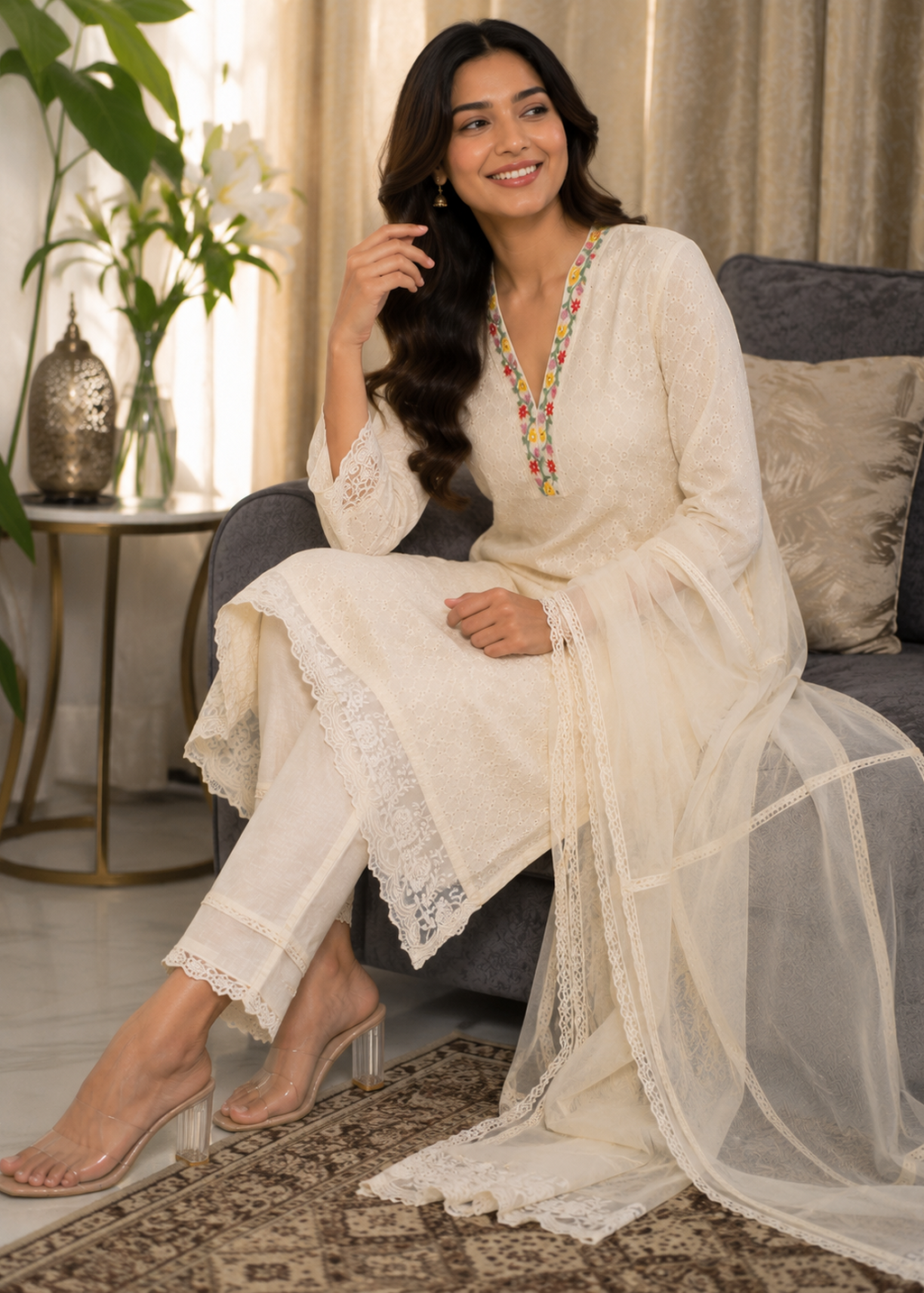 Ivory Chikankari Kurta Pant Set with Organza Dupatta
