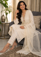 Ivory Chikankari Kurta Pant Set with Organza Dupatta
