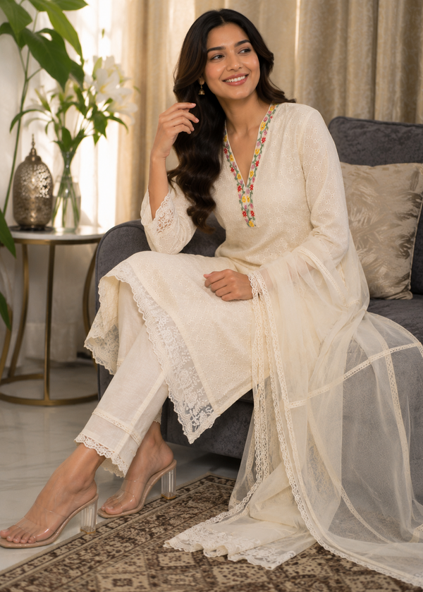 Ivory Chikankari Kurta Pant Set with Organza Dupatta