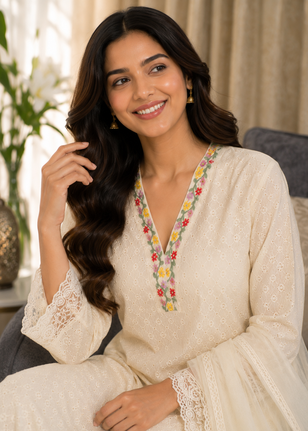 Ivory Chikankari Kurta Pant Set with Organza Dupatta
