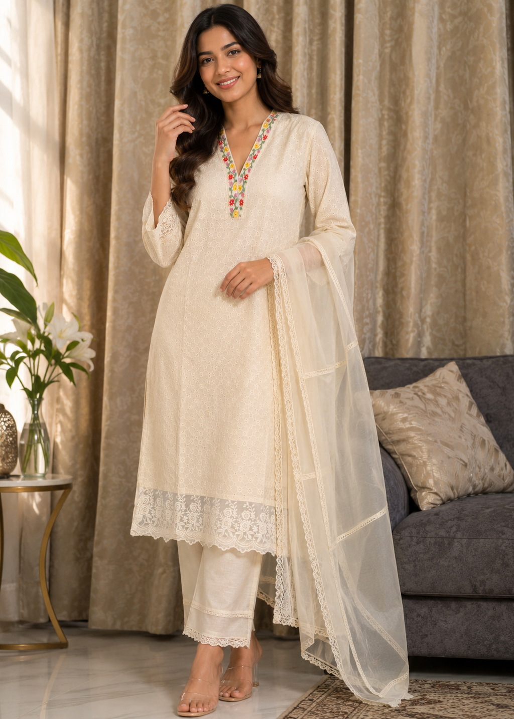 Ivory Chikankari Kurta Pant Set with Organza Dupatta