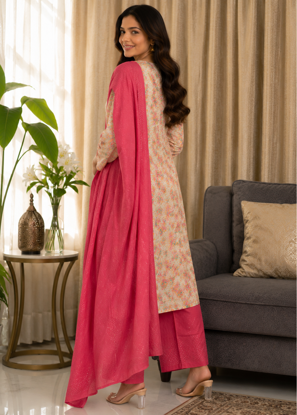 Floral Printed Kurta Pant Set with Pink Dupatta