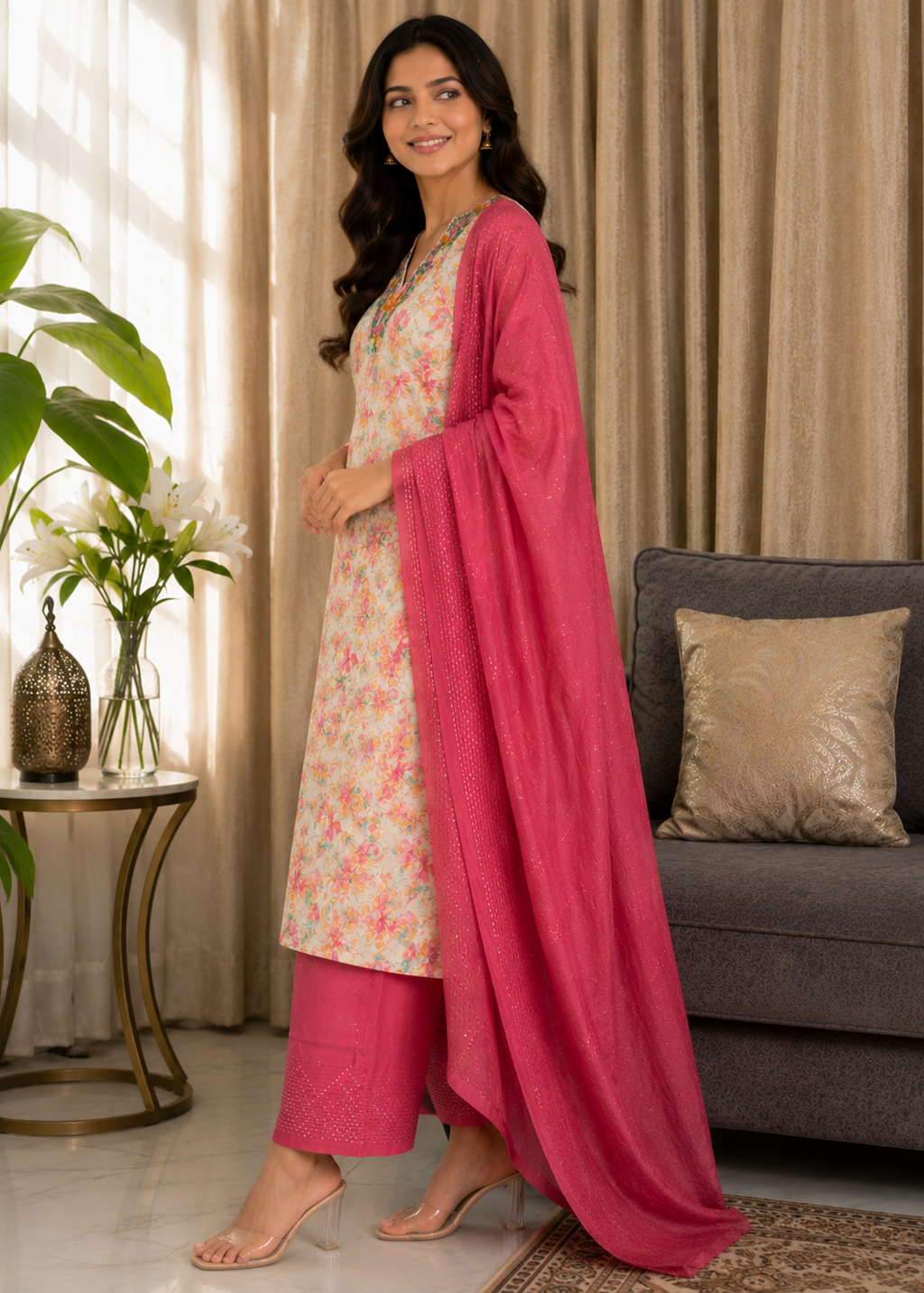 Floral Printed Kurta Pant Set with Pink Dupatta