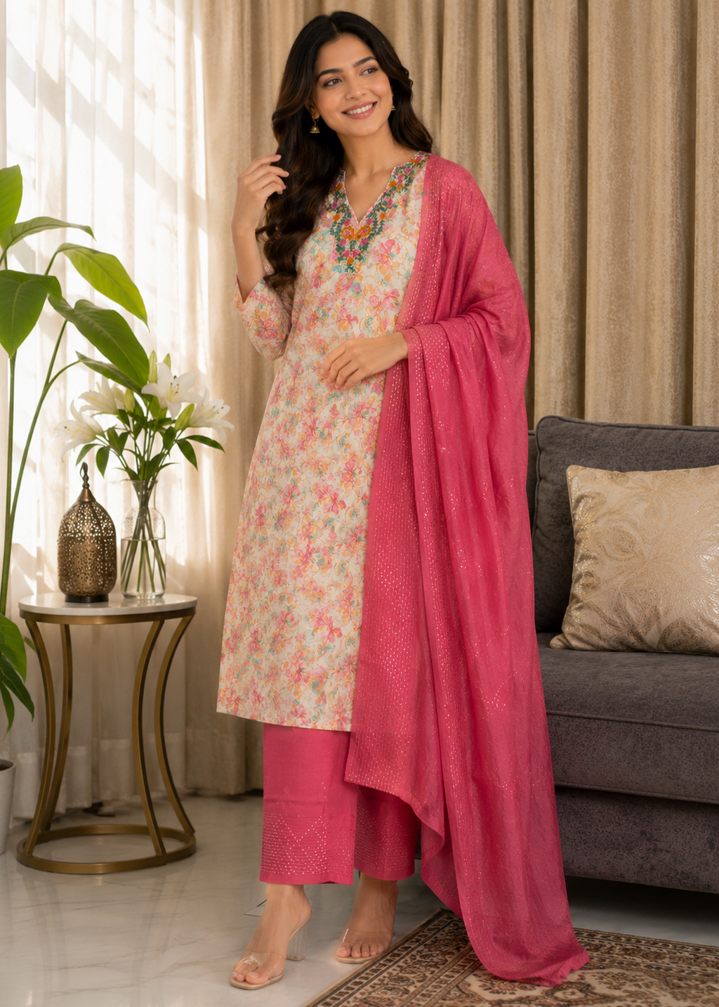 Floral Printed Kurta Pant Set with Pink Dupatta