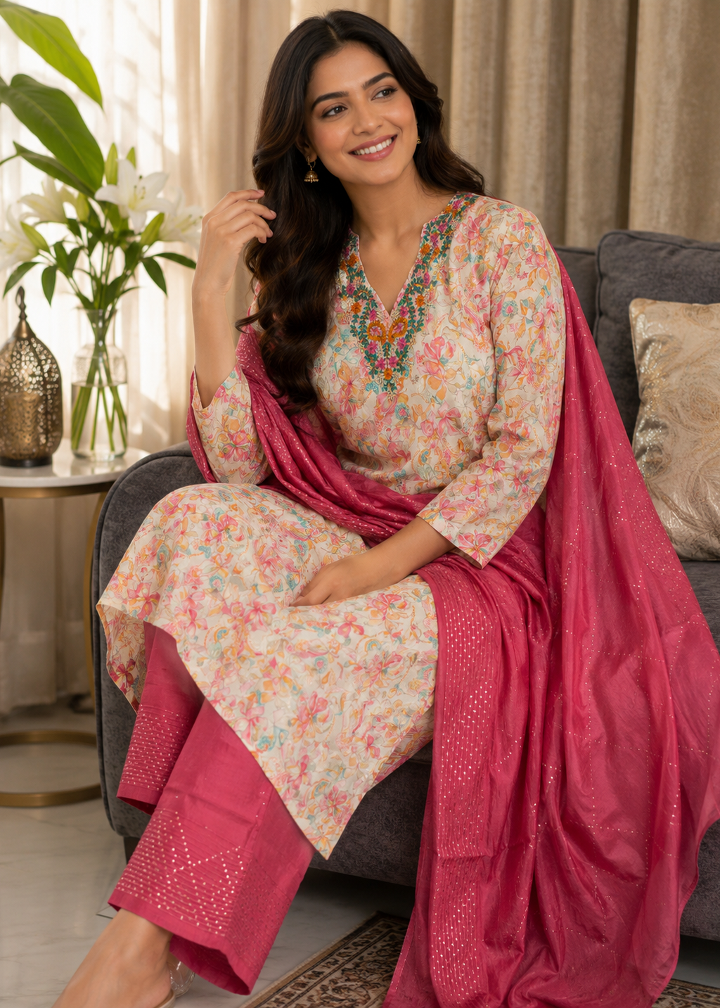 Floral Printed Kurta Pant Set with Pink Dupatta