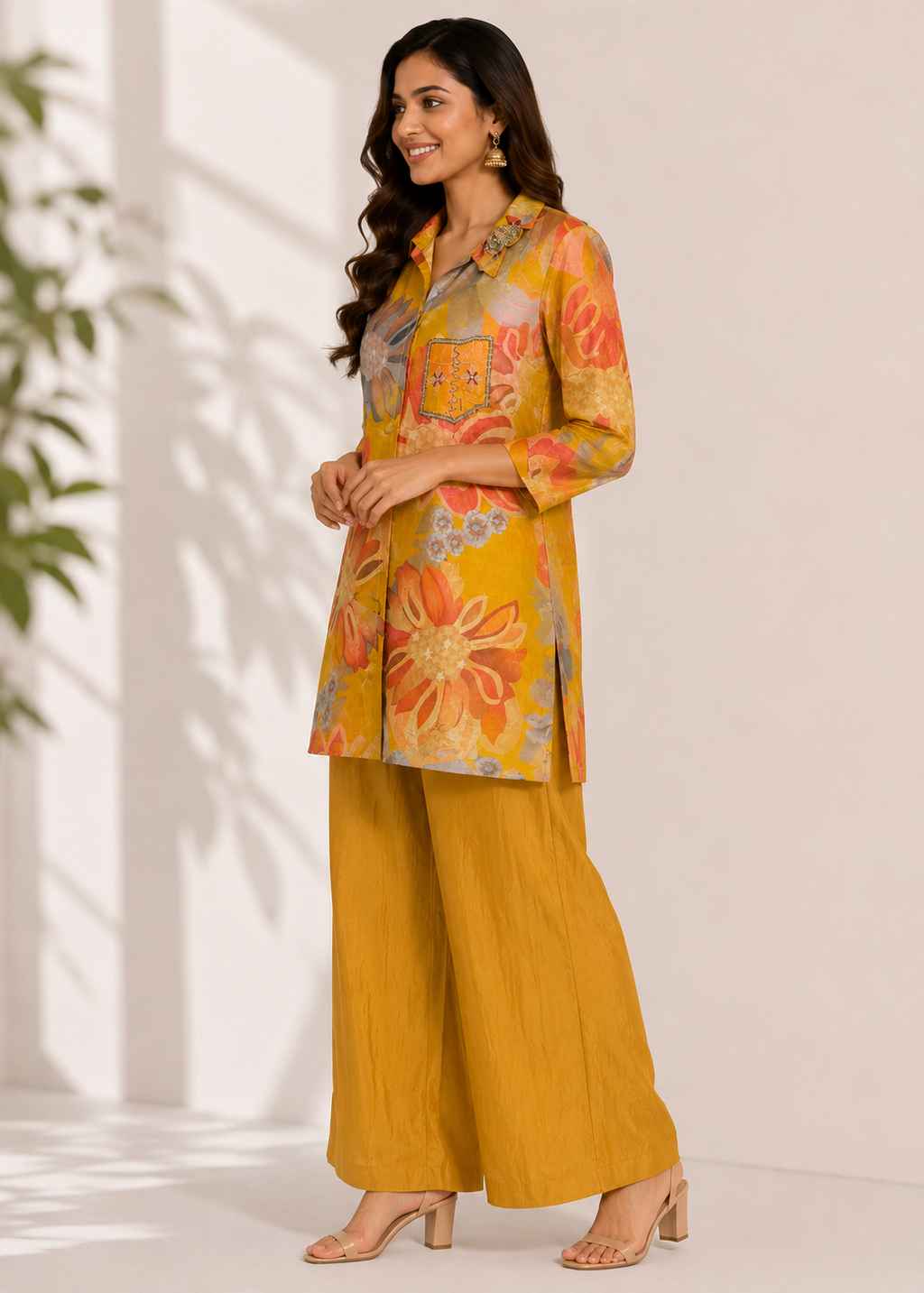 Mustard Floral Embroidered Co-Ord Set