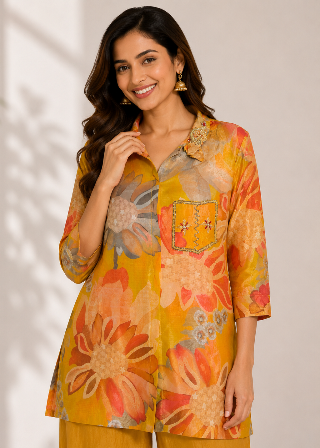 Mustard Floral Embroidered Co-Ord Set
