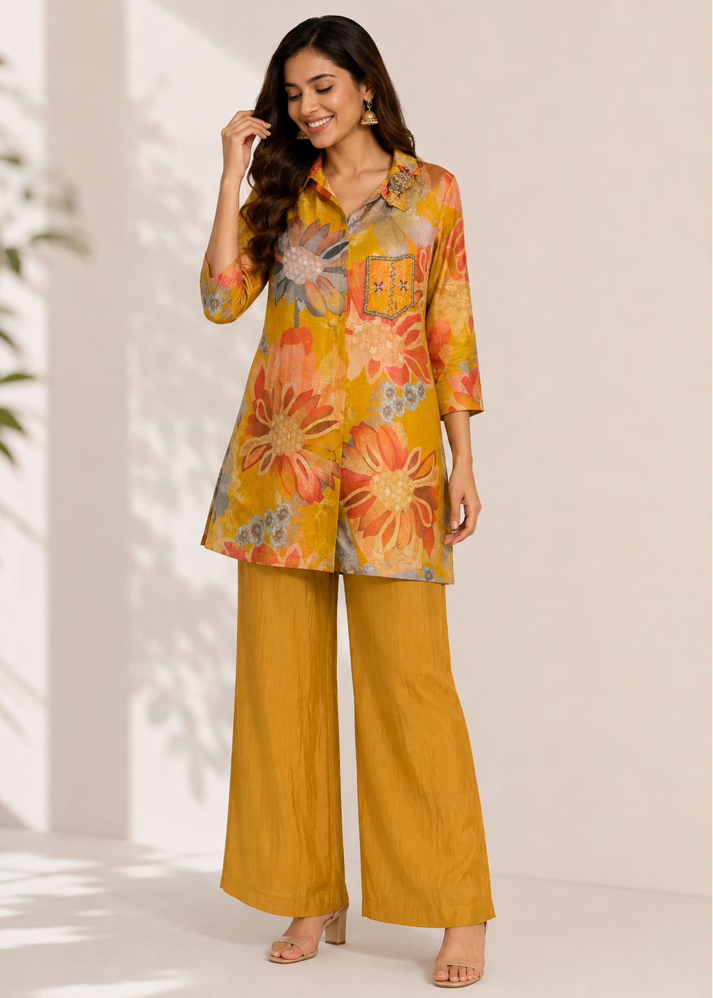Mustard Floral Embroidered Co-Ord Set