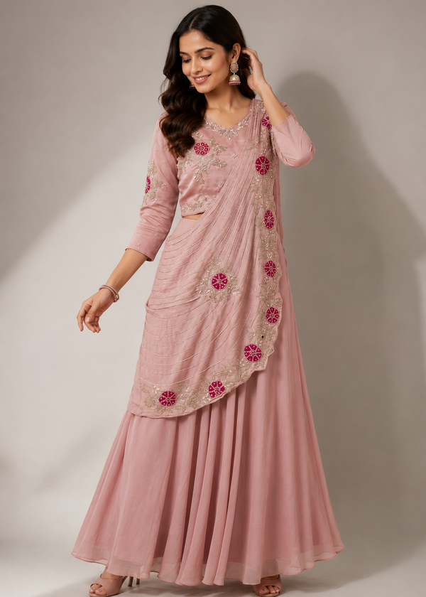 Blush Pink Embroidered Saree Style Gown Set