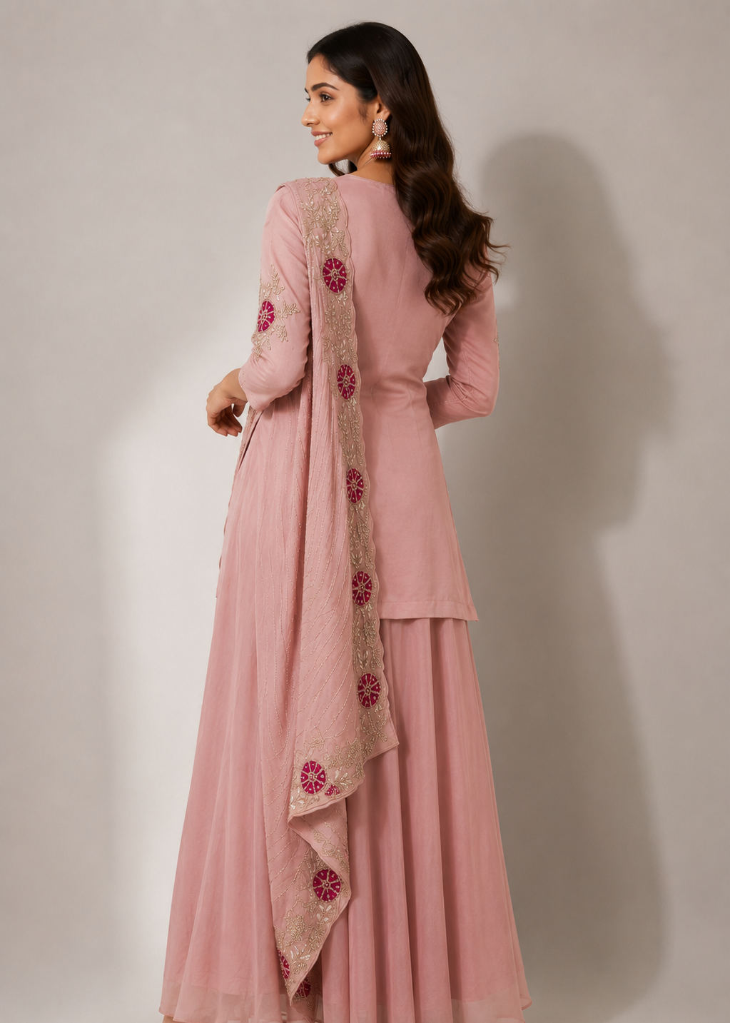 Blush Pink Embroidered Saree Style Gown Set