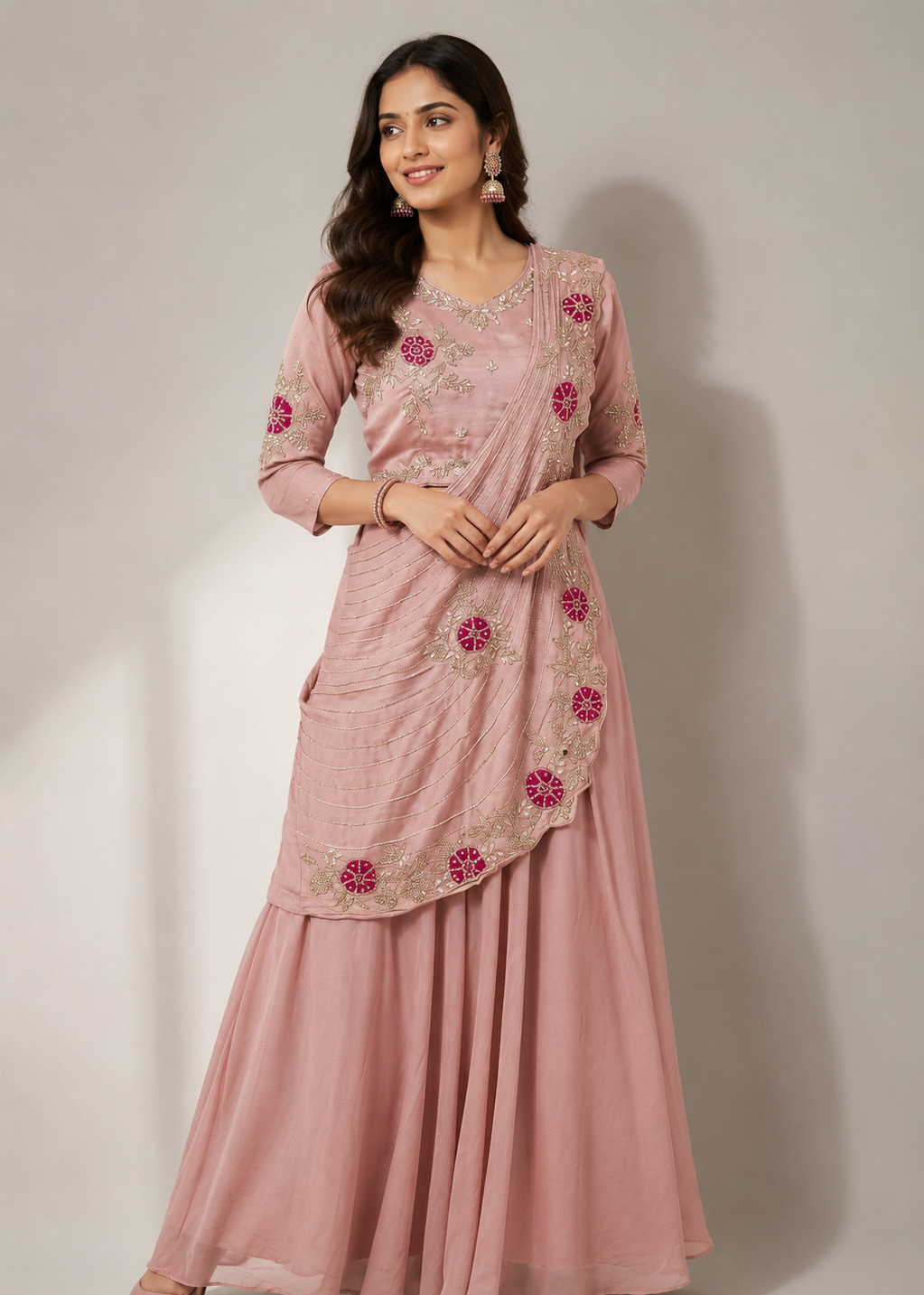 Blush Pink Embroidered Saree Style Gown Set