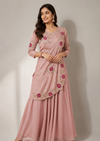 Blush Pink Embroidered Saree Style Gown Set