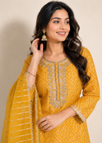 Mustard Bandhani Printed Cotton Kurta Set with Embroidered Neck & Organza Dupatta
