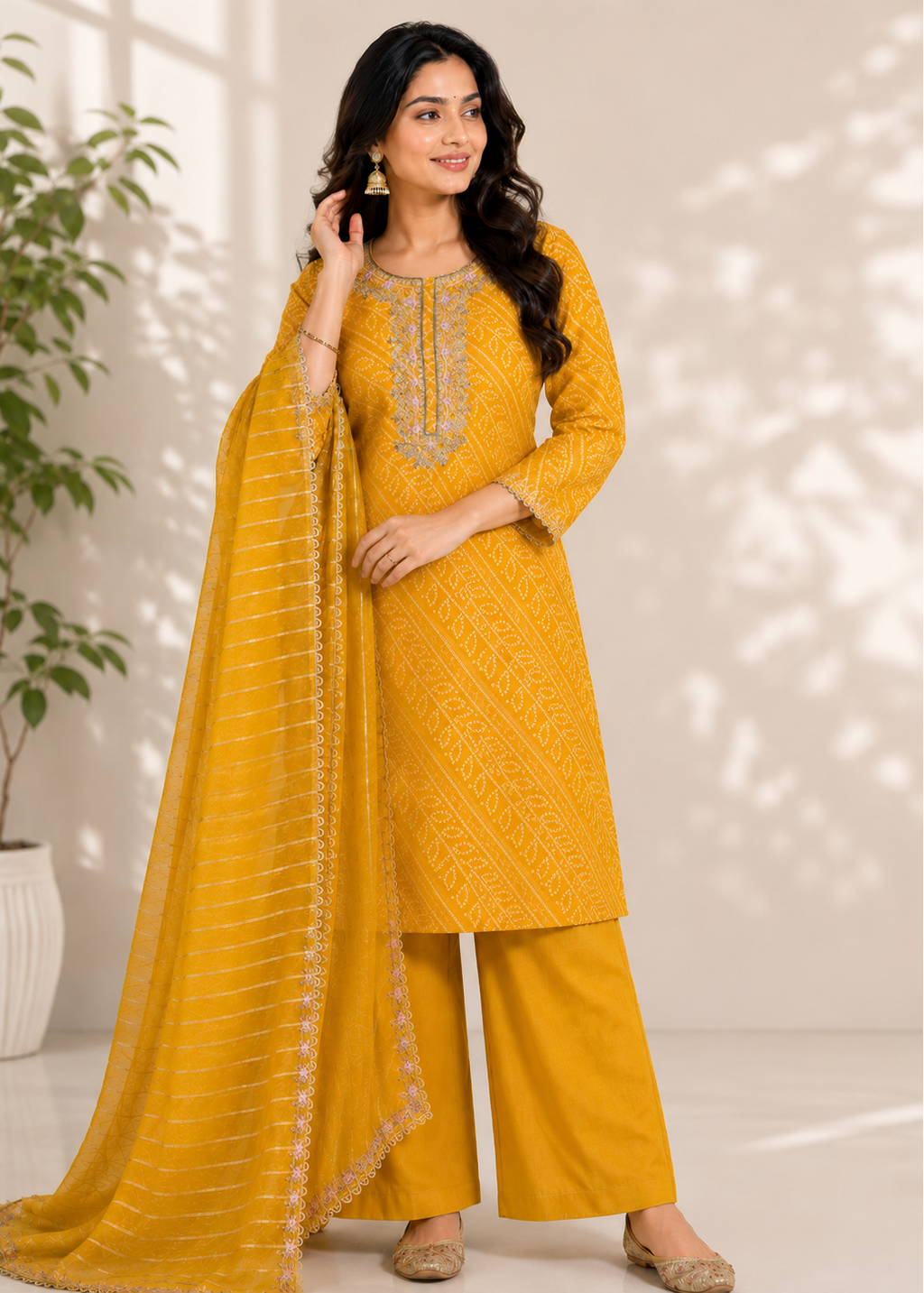 Mustard Bandhani Printed Cotton Kurta Set with Embroidered Neck & Organza Dupatta