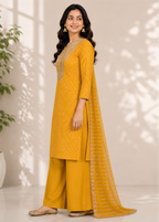 Mustard Bandhani Printed Cotton Kurta Set with Embroidered Neck & Organza Dupatta