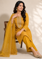 Mustard Bandhani Printed Cotton Kurta Set with Embroidered Neck & Organza Dupatta