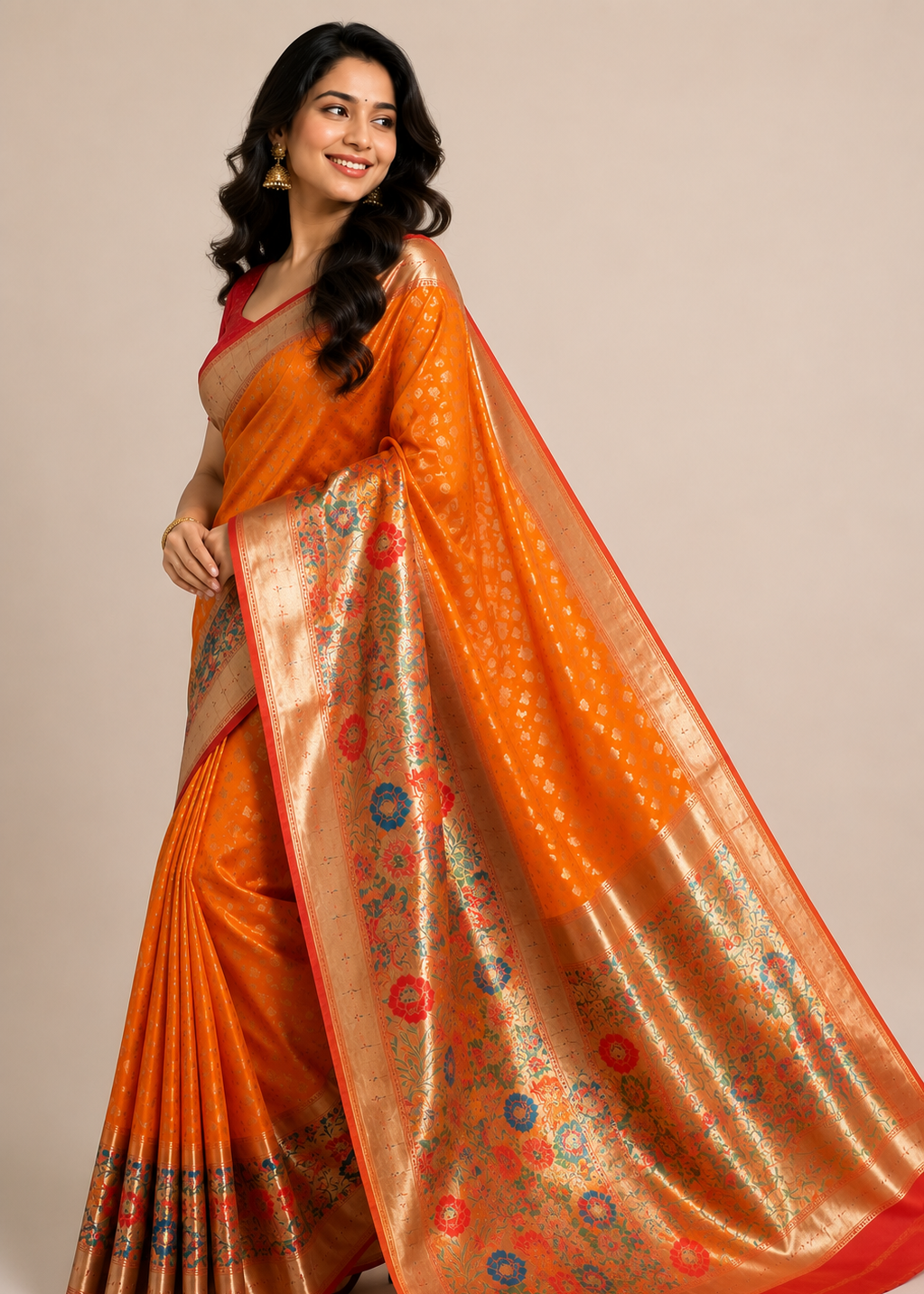 Orange Banarasi Silk Saree with Rich Floral Zari Border & Red Blouse